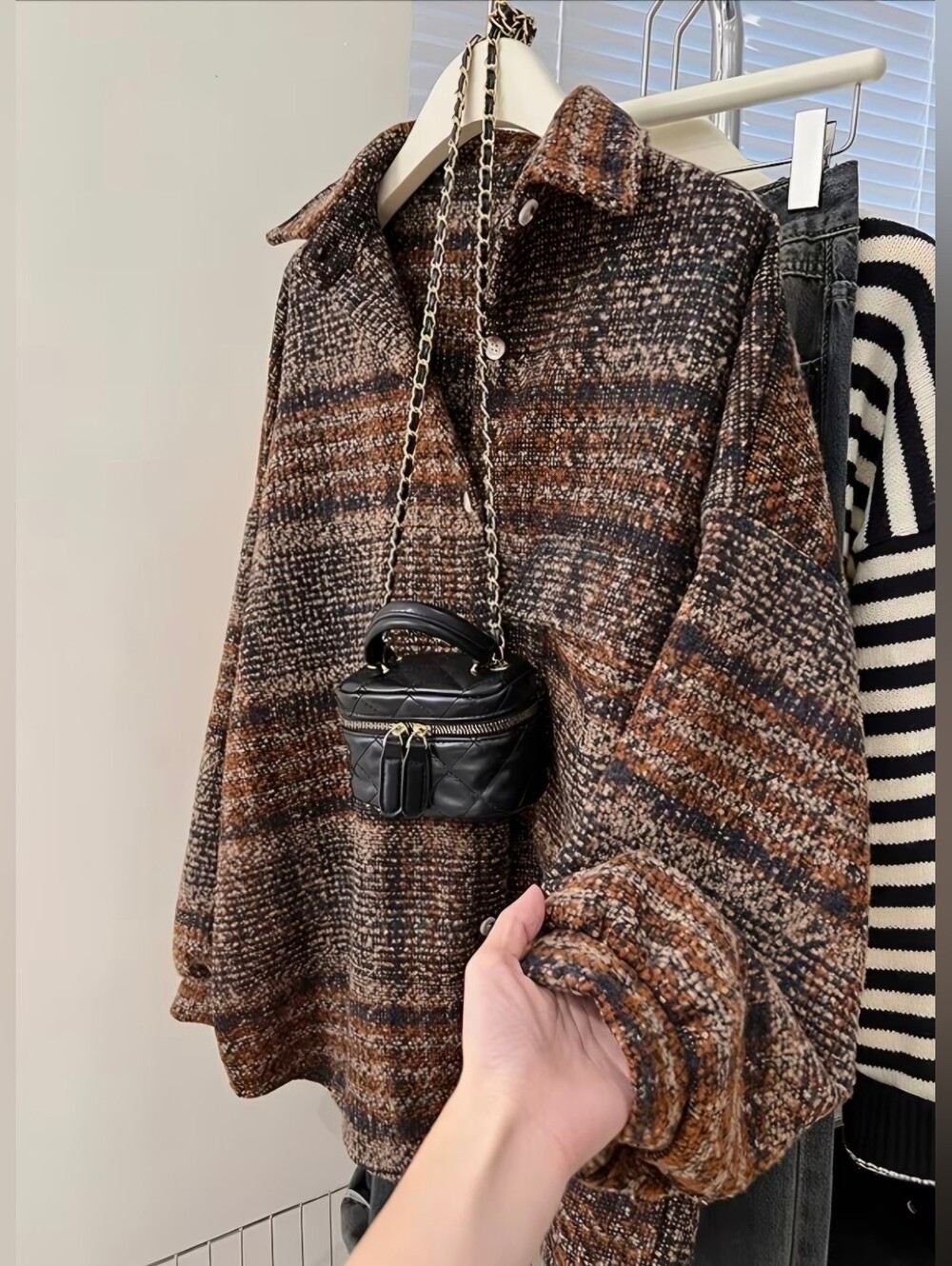 New Brushed Plaid Shirt Women'S Mid-Length Versatile Thickened Retro Casual Coat